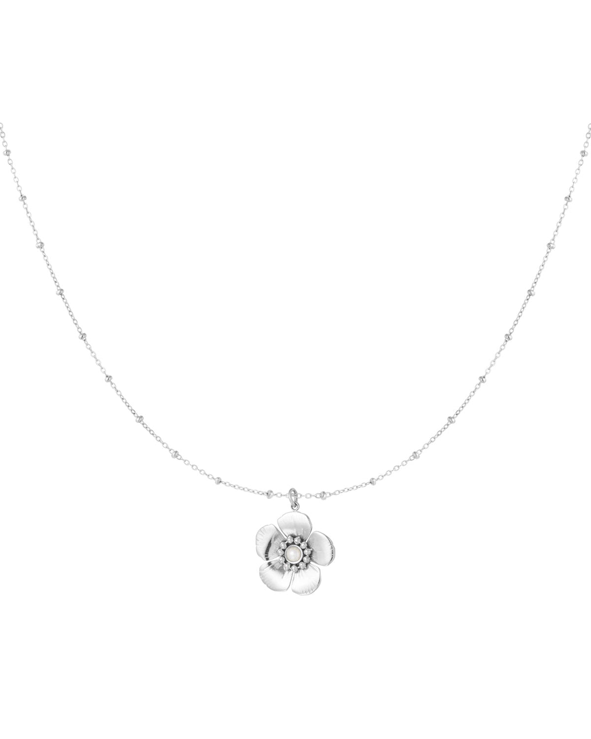 COLLANA A SFERE CON PENDENTE FLOREALE E PERLA