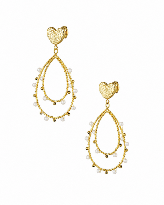 ORECCHINI A GOCCIA INTRECCIATA CON CUORE E PERLE